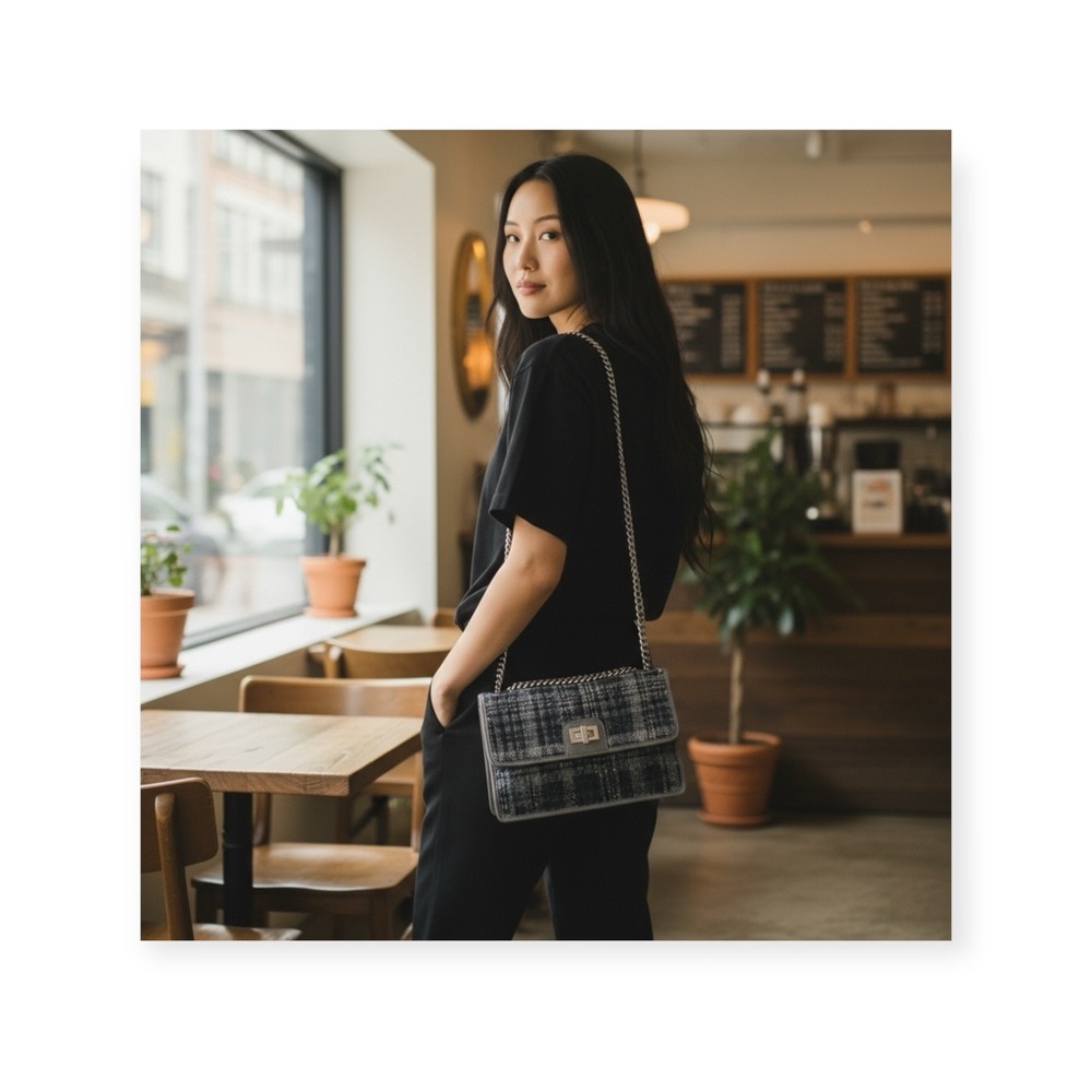 Artisan: new Alma Tonutti ✽ Tweed Turnlock Hardware Flap Bag ✽ Silver Chain ✽